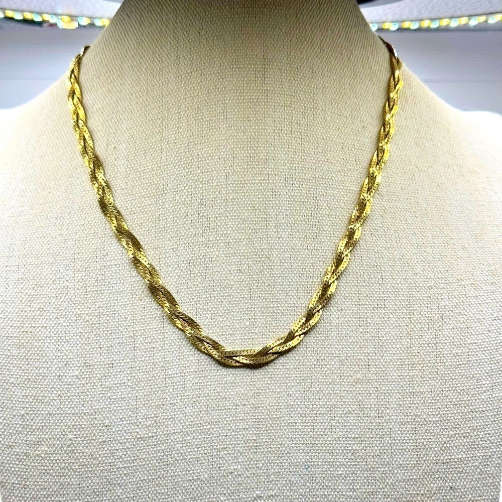 Vintage Signed‎ Trafari Gold-Tone Braided Triple Herringbone Necklace 18”